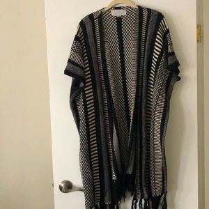 Cream & Black Cardigan Poncho w/ Tassel Detail